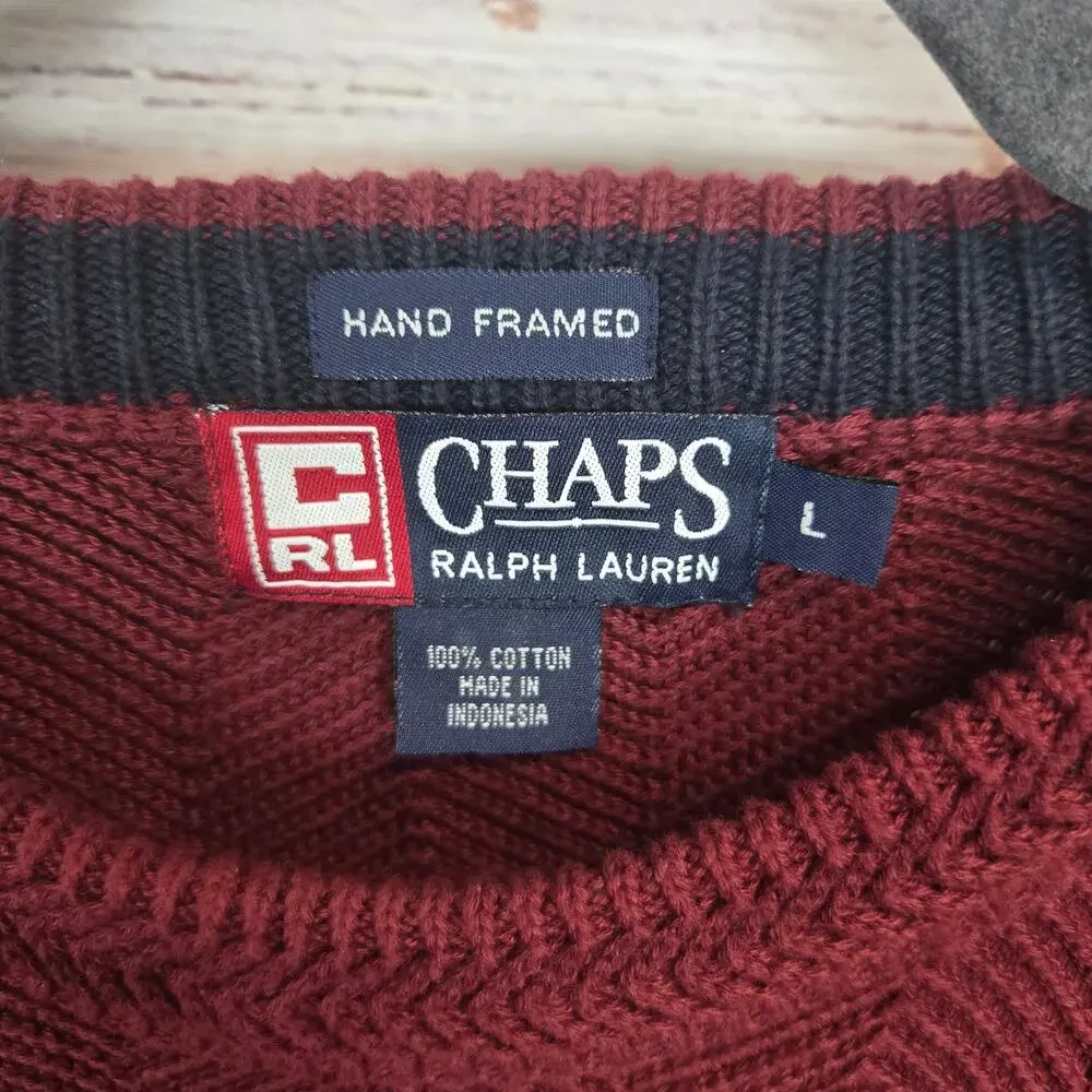 Vtg Chaps Ralph Lauren Mens Sweater Lg Burgundy Hand Framed Long Sleeve Pullover